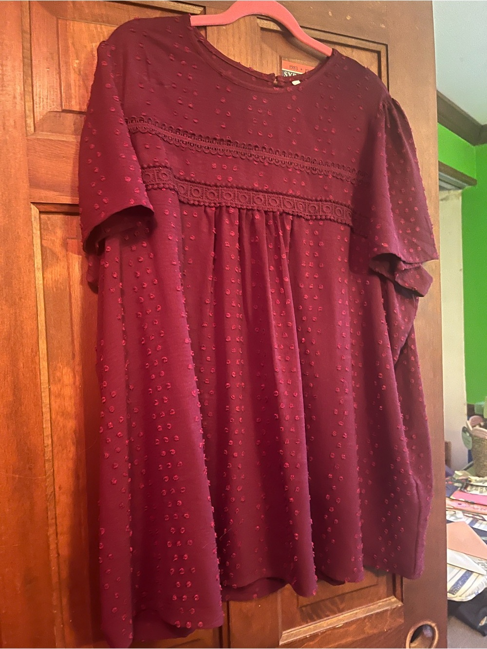 Womens Burgundy Swiss Dot Tunic Top